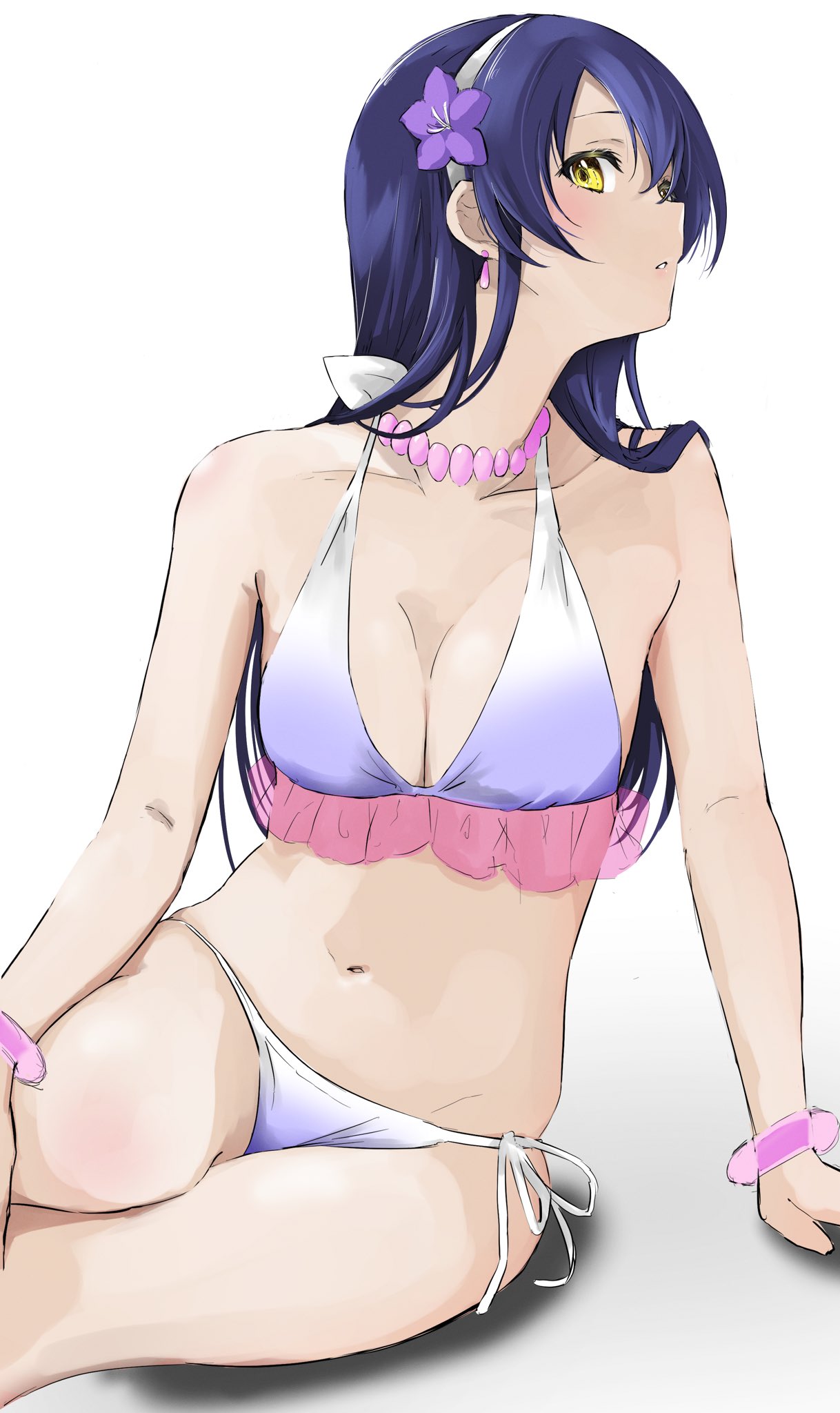 1girl arm_support bikini blue_hair bracelet breasts cleavage collarbone commentary_request earrings eyebrows_hidden_by_hair feet_out_of_frame flower gradient_bikini groin hair_flower hair_ornament hairband halterneck hanamaruyama628 hand_on_own_knee highres jewelry light_blush long_hair looking_at_viewer love_live! love_live!_school_idol_project medium_breasts navel necklace purple_bikini shadow simple_background skindentation solo sonoda_umi string_bikini swimsuit very_long_hair white_background white_bikini yellow_eyes