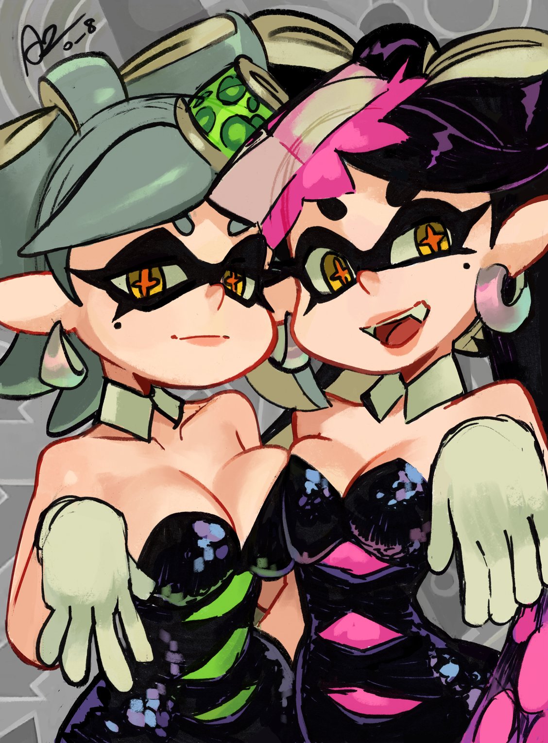 2girls alex_ahad alternate_breast_size bare_arms bare_shoulders black_dress black_hair black_jumpsuit bow-shaped_hair breast_press breasts callie_(splatoon) cleavage collarbone cousins detached_collar dress earrings fangs gloves grey_hair half_updo highres hoop_earrings jewelry jumpsuit large_breasts marie_(splatoon) mole mole_under_eye multiple_girls pointy_ears short_dress short_jumpsuit splatoon_(series) strapless strapless_dress swept_bangs tentacle_hair thick_eyebrows twintails white_gloves yellow_eyes