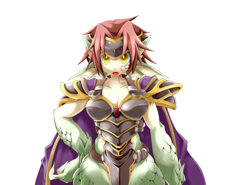 1girl arm_tattoo armor black_armor bmp-to-png_conversion breasts cape cleavage colored_skin cowboy_shot dragon_ears dragon_girl facial_tattoo fins forehead_protector frfr game_cg granberia green_skin hair_intakes hand_on_own_hip head_fins looking_at_viewer mon-musu_quest! monster_girl multicolored_skin neck_tattoo non-web_source open_mouth pointy_ears purple_cape red_hair scales short_hair shoulder_armor simple_background solo tattoo transparent_background two-tone_skin wide_hips yellow_eyes yellow_skin