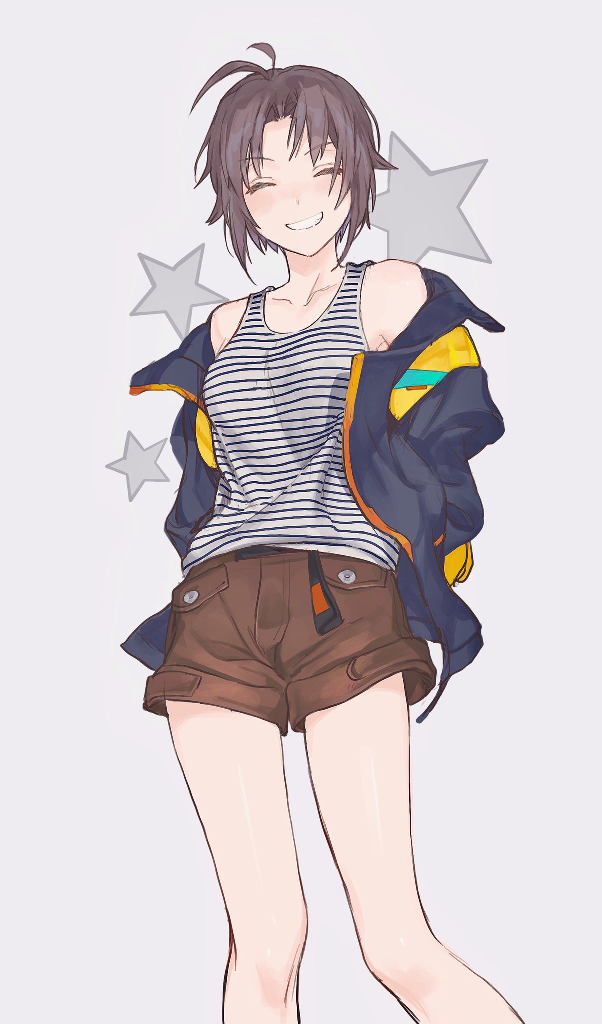 1girl 5plus5 antenna_hair bare_shoulders black_hair blush breasts brown_shorts closed_eyes collarbone dot_nose grey_background grey_tank_top grin hands_in_pockets highres idolmaster idolmaster_(classic) idolmaster_million_live! idolmaster_million_live!_theater_days jacket kikuchi_makoto multicolored_clothes multicolored_jacket off_shoulder open_clothes open_jacket short_hair shorts small_breasts smile solo starry_background striped_tank_top tank_top two-tone_jacket