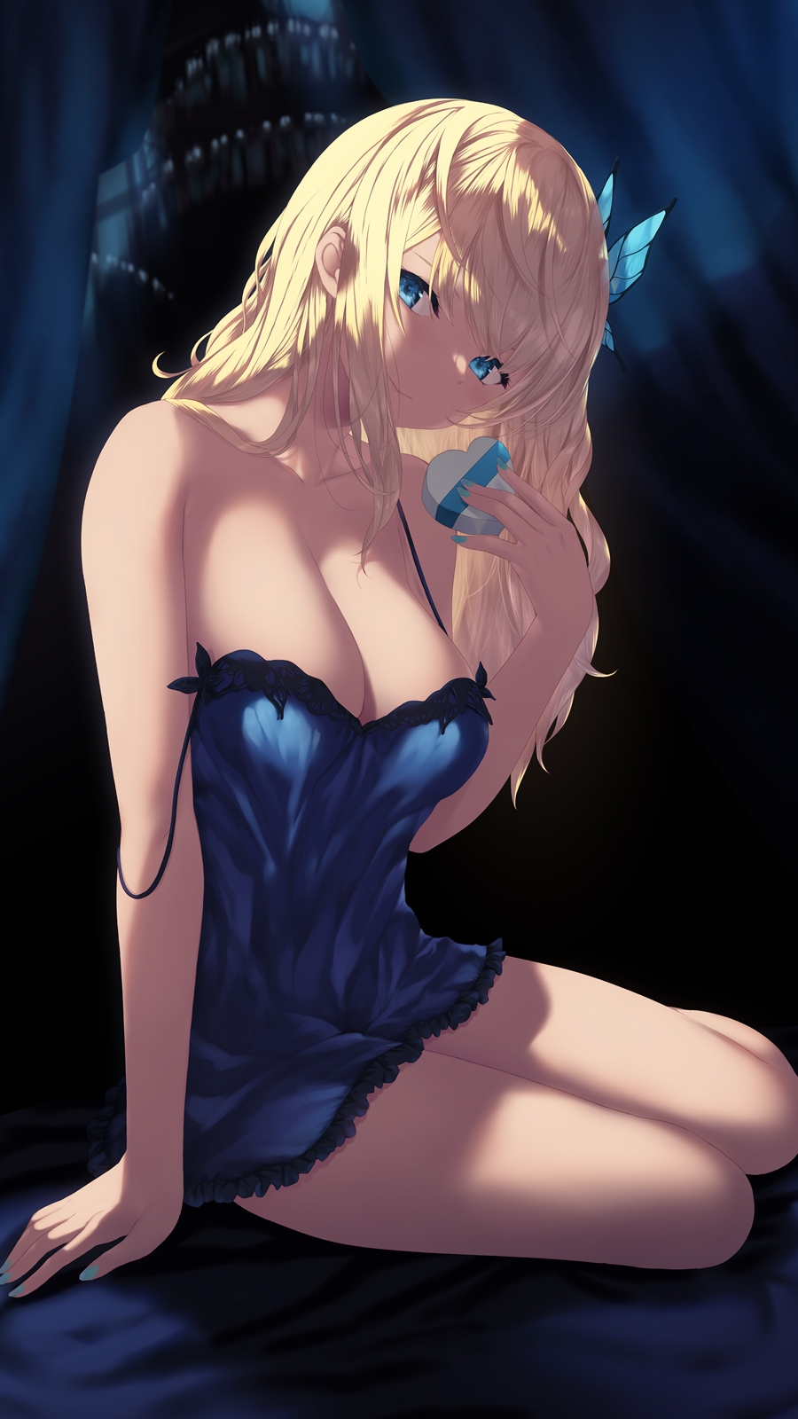 1girl aqua_nails blonde_hair blue_dress blue_eyes boku_wa_tomodachi_ga_sukunai box breasts butterfly_hair_ornament cait_aron cleavage closed_mouth collarbone commentary_request dress fingernails gift gift_box hair_ornament heart-shaped_box highres holding holding_box kashiwazaki_sena large_breasts long_hair looking_at_viewer nail_polish off_shoulder sleeveless sleeveless_dress smile solo thighs
