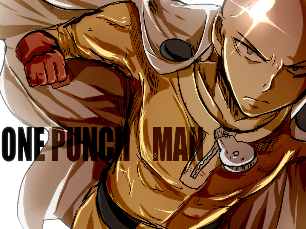 1boy bald belt bodysuit cape clenched_hand closed_mouth commentary_request english_text gloves male_focus matryoshka_(borscht) one-punch_man red_gloves saitama_(one-punch_man) solo white_cape yellow_bodysuit