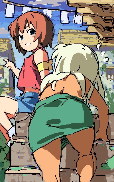 all_fours ass blue_shorts blue_sky bow climbing crystania from_behind kirim_(crystania) long_hair matsuo_yuusuke moss outdoors pointing raifan_(crystania) rock short_hair shorts sitting sitting_on_stairs sky stairs topless white_hair yellow_bow