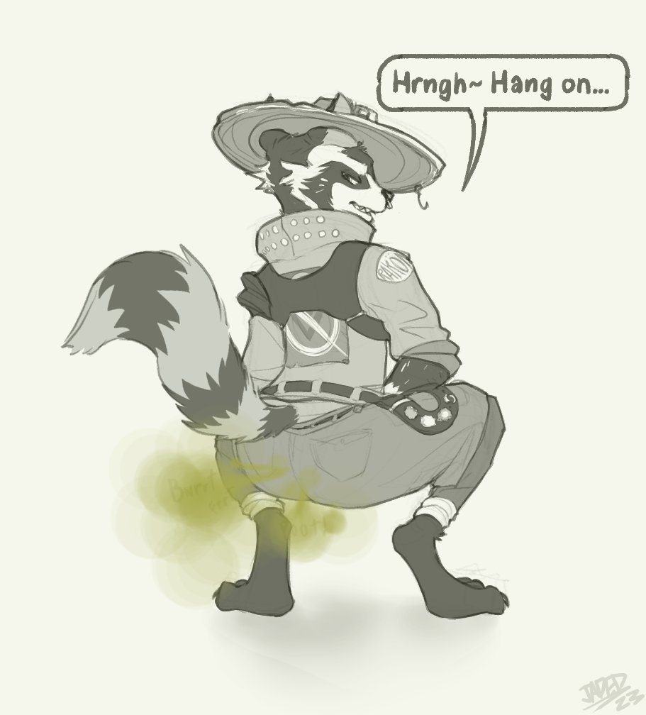 anthro clothed clothing crouching epic_games fart fart_cloud fart_fetish fortnite hat headgear headwear looking_at_viewer looking_back male mammal procyonid raccoon rufus_(fortnite) solo speech_bubble text that_jaded