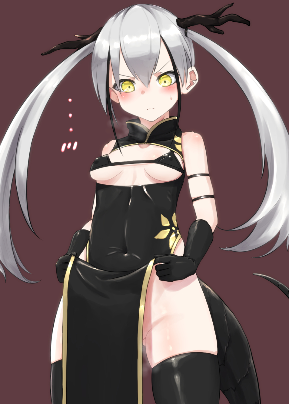 1girl alternate_costume ass_visible_through_thighs bikini bikini_top_only blush breasts china_dress chinese_clothes cleavage_cutout clothes_lift clothing_cutout covered_navel cowboy_shot destroyer_(girls'_frontline) dragon_horns dragon_tail dress girls'_frontline grey_hair heavy_breathing highres horns looking_down micro_bikini no_panties pelvic_curtain pelvic_curtain_lift skindentation small_breasts solo steaming_body sweatdrop swimsuit tail thighhighs twintails yellow_eyes zafuri_(yzrnegy)