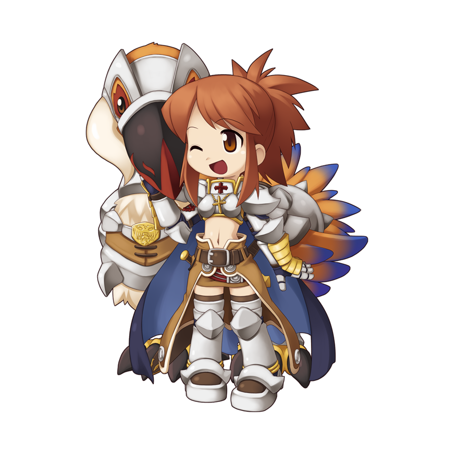 1girl :d animal armor armored_boots barding belt bird blue_cape boobplate boots brown_belt brown_cape brown_eyes brown_hair brown_skirt brown_thighhighs cape chibi crop_top cross cross_necklace full_body gauntlets high_ponytail jewelry long_hair looking_at_animal medium_bangs midriff navel necklace official_art one_eye_closed open_mouth oversized_animal paladin_(ragnarok_online) pauldrons peco_peco petting ragnarok_online scabbard sheath shoulder_armor sidelocks simple_background skirt smile solo standing tachi-e thighhighs transparent_background waist_cape yuichirou