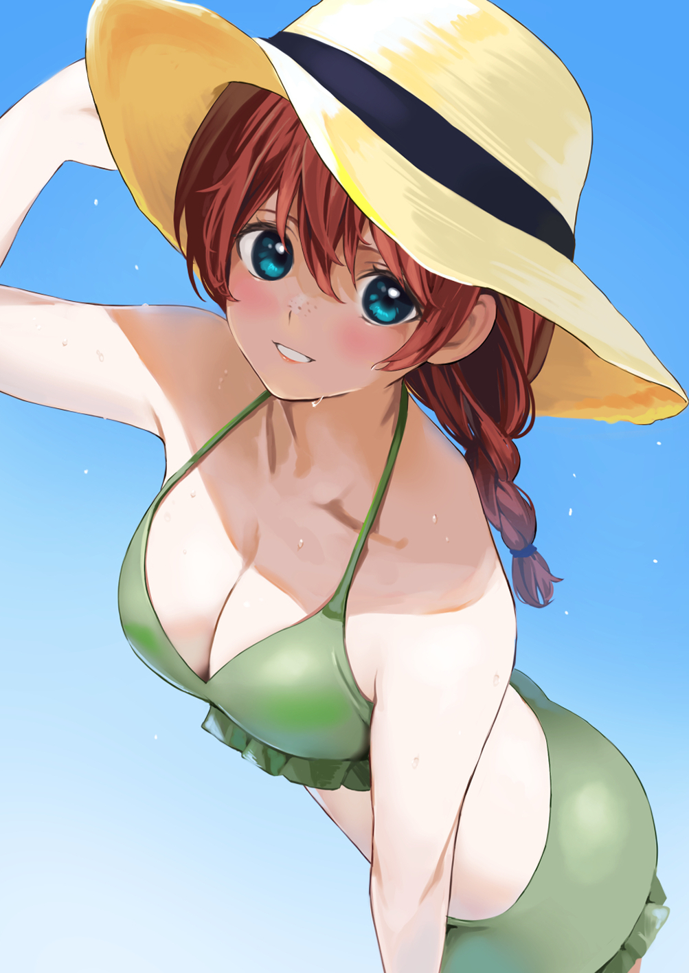 1girl bare_shoulders bikini blue_eyes blue_sky blush bow braid breasts brown_hair cleavage collarbone commentary_request cowboy_shot day dutch_angle emma_verde green_bikini green_bow hair_between_eyes hand_on_headwear hat highres hinami_riku leaning_forward long_hair looking_at_viewer love_live! love_live!_nijigasaki_high_school_idol_club medium_breasts outdoors red_hair sky smile solo straw_hat sun_hat sweat swimsuit wet