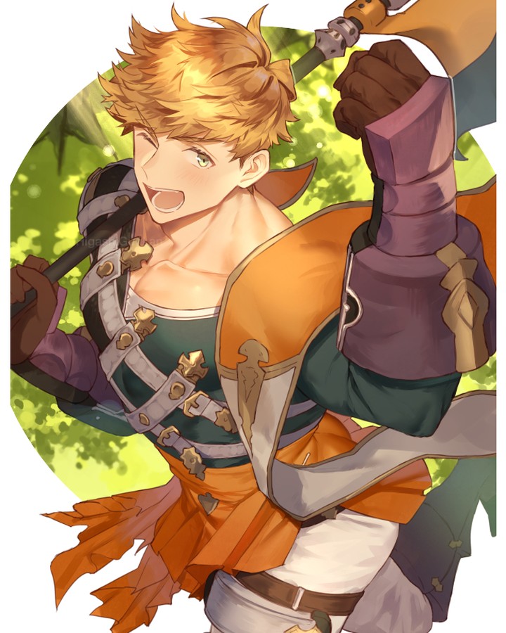 1boy axe battle_axe blonde_hair blush clenched_hand from_above granblue_fantasy green_eyes green_shirt higashigunkan holding holding_axe looking_at_viewer male_focus muscular muscular_male over_shoulder pants pectorals shirt short_hair solo tight_clothes tight_shirt vambraces vane_(granblue_fantasy) weapon weapon_over_shoulder white_pants