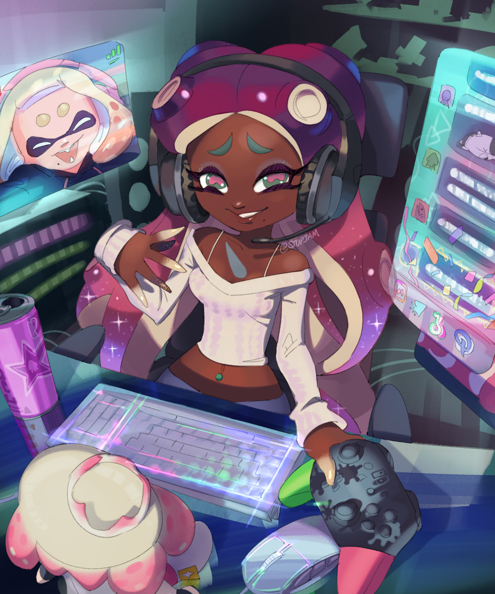 2girls can cephalopod_eyes character_doll closed_eyes commentary dark-skinned_female dark_skin drink_can english_commentary eyelashes furrowed_brow headphones highres indoors inkling keyboard_(computer) long_hair looking_at_viewer mole mole_under_mouth monitor mouse_(computer) multiple_girls navel_piercing nintendo_switch_pro_controller octoling off-shoulder_shirt off_shoulder pearl_(splatoon) piercing pink_hair purple_hair real_life red_pupils shirt sitting smile soda_can sparkle splatoon_(series) splatoon_2 stup-jam teeth tentacle_hair thick_eyebrows video_call voice_actor white_shirt