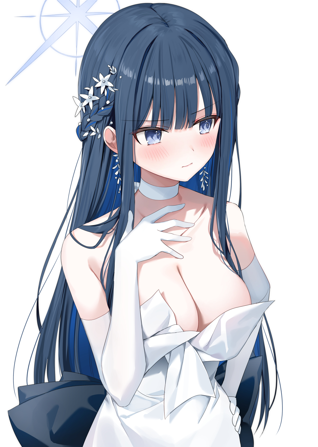 1girl bare_shoulders blue_archive blue_hair blush breasts cleavage closed_mouth dark_blue_hair dress earrings elbow_gloves flower gloves grey_eyes hair_flower hair_ornament halo highres jewelry large_breasts long_hair looking_to_the_side multicolored_hair official_alternate_costume saori_(blue_archive) saori_(dress)_(blue_archive) sidelocks simple_background solo two-tone_hair white_background white_dress white_flower white_gloves yon_(letter)