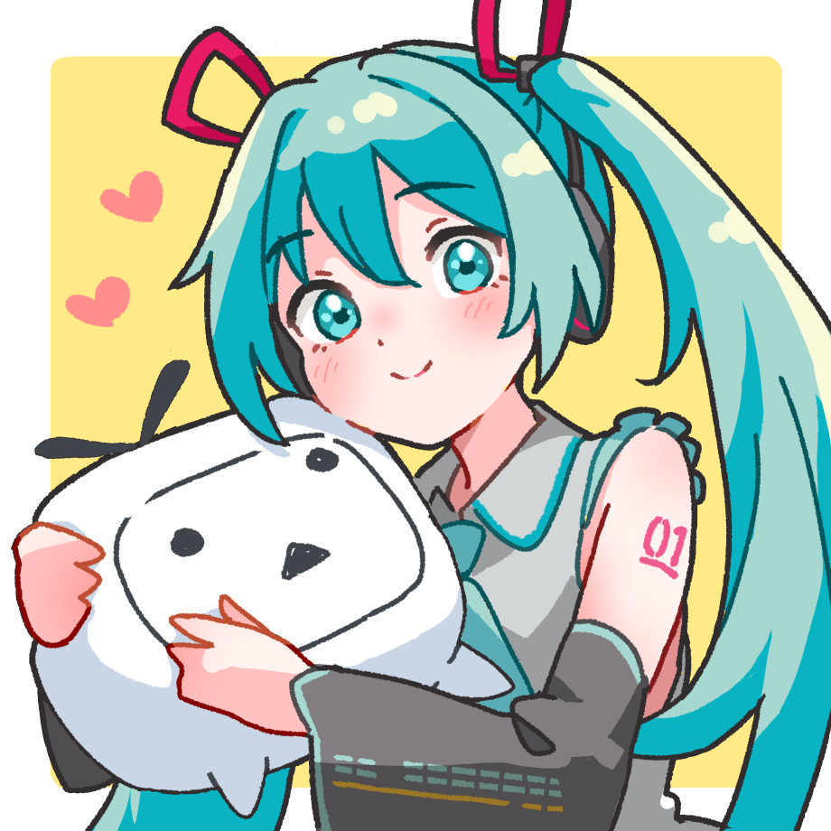 1girl aqua_eyes aqua_hair arm_tattoo blush closed_mouth collared_shirt detached_sleeves grey_shirt hatsune_miku headphones heart hug long_hair looking_at_viewer miku_day necktie niconico ooishi_oil shirt sleeveless sleeveless_shirt smile solo tattoo television terebi-chan twintails upper_body vocaloid