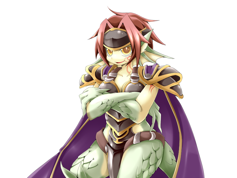 1girl arm_tattoo armor black_armor bmp-to-png_conversion breasts cape cleavage colored_skin cowboy_shot crossed_arms dragon_ears dragon_girl dragon_tail facial_tattoo fins forehead_protector frfr game_cg granberia green_skin hair_intakes half-closed_eye head_fins looking_at_viewer mon-musu_quest! monster_girl multicolored_skin neck_tattoo non-web_source parted_lips pointy_ears purple_cape red_hair scales short_hair shoulder_armor simple_background smile solo tail tattoo transparent_background two-tone_skin wide_hips yellow_eyes yellow_skin