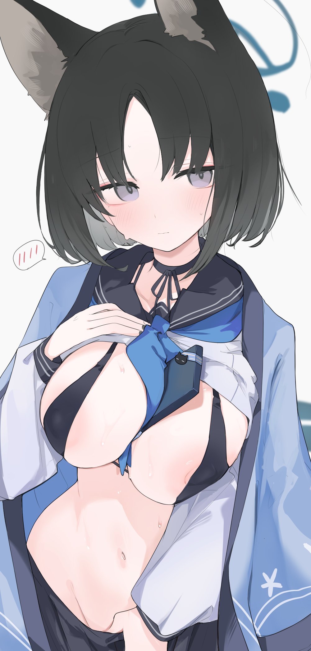 1girl animal_ears areola_slip black_eyes black_hair black_sailor_collar black_skirt blue_archive blue_halo blue_neckerchief blush breasts cat_ears cat_tail closed_mouth commentary duplicate groin halo haori highres japanese_clothes kikyou_(blue_archive) large_areolae large_breasts long_sleeves looking_at_viewer mikozin multiple_tails navel neckerchief pleated_skirt sailor_collar school_uniform serafuku short_hair simple_background skirt solo spoken_blush tail two_tails white_background