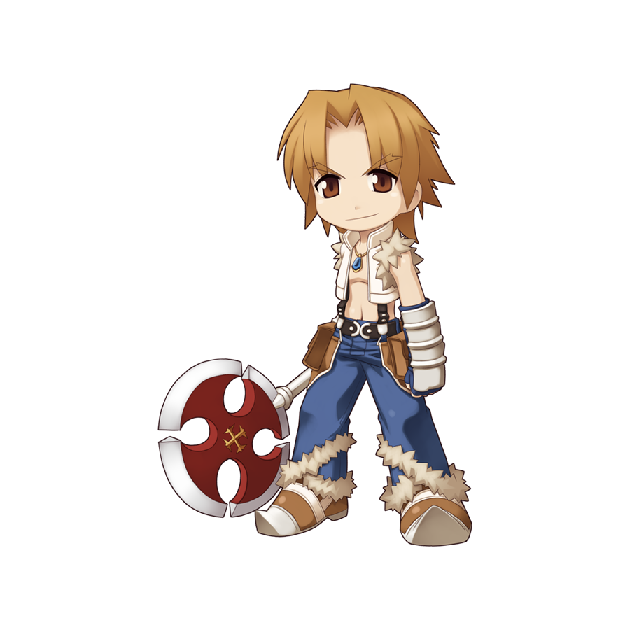 1boy axe belt black_belt blue_gloves blue_pants brown_eyes brown_footwear brown_hair chibi closed_mouth crop_top cross fingerless_gloves full_body fur-trimmed_pants fur-trimmed_shirt fur_trim gloves holding holding_axe jewelry looking_at_viewer male_focus medium_bangs navel necklace official_art one_eye_closed open_clothes open_shirt pants pouch ragnarok_online shirt shoes simple_background smile solo standing suspenders tachi-e torn_clothes torn_shirt transparent_background vambraces white_shirt whitesmith_(ragnarok_online) yuichirou