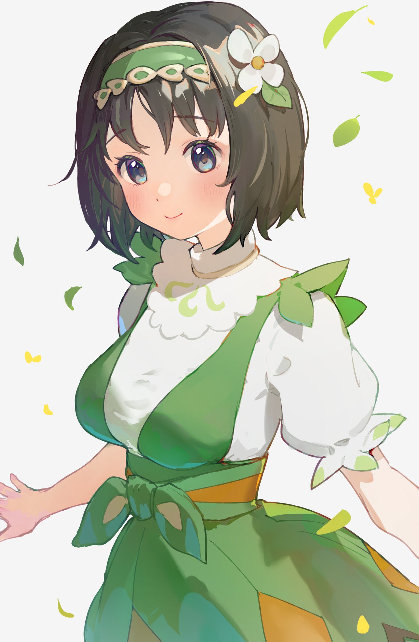 1girl black_hair blush breasts erika_(pokemon) erika_(sygna_suit)_(pokemon) flower green_hairband grey_background hair_flower hair_ornament hairband highres leaf medium_breasts official_alternate_costume pokemon pokemon_masters_ex puffy_short_sleeves puffy_sleeves short_sleeves solo yosame0a