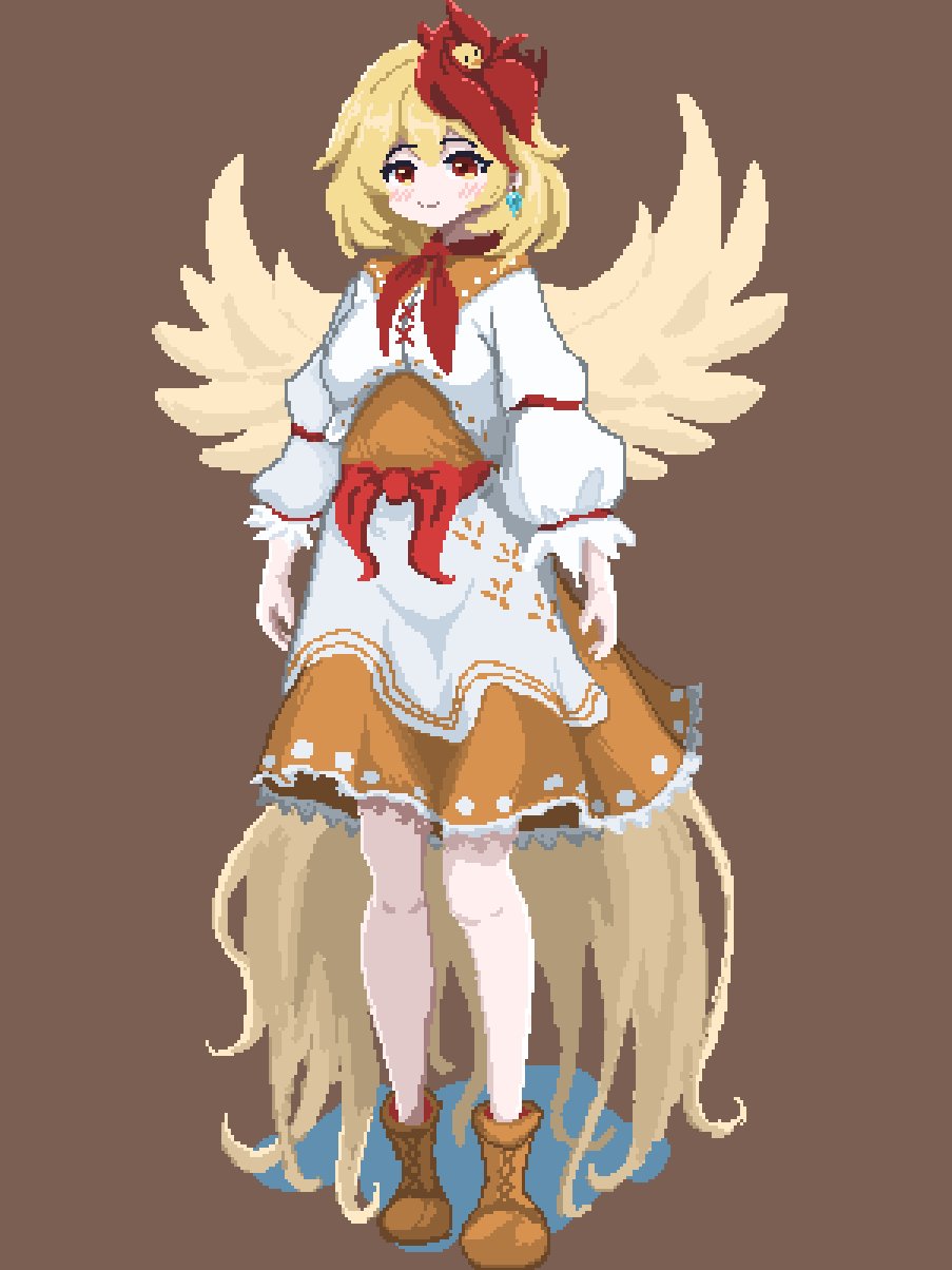 1girl animal_on_head ascot bird bird_on_head bird_tail bird_wings blonde_hair brown_background brown_footwear dress earrings feathered_wings frilled_dress frills full_body highres jewelry long_sleeves multicolored_clothes nito2230 niwatari_kutaka on_head pixel_art puffy_long_sleeves puffy_sleeves red_ascot red_eyes red_hair short_hair solo tail touhou wings