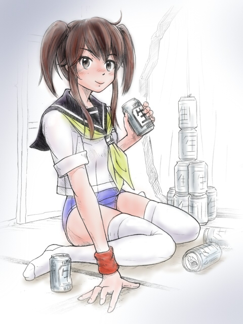 1girl beer_can brown_eyes brown_hair can can_stack commentary_request competition_swimsuit drink_can himeazusa holding holding_can hole_in_wall imori_201 indoors looking_at_viewer maki_imori on_floor one-piece_swimsuit school_uniform serafuku short_hair_with_long_locks sidelocks sitting smile solo swimsuit swimsuit_under_clothes thighhighs twintails wariza white_thighhighs wristband