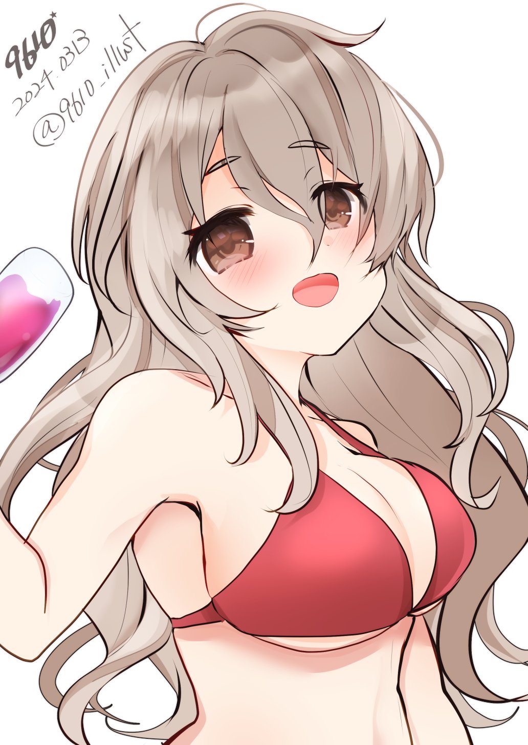 1girl 9610_(kuroto) artist_name bikini breasts brown_eyes cleavage cup dated drinking_glass grey_hair highres holding holding_cup kantai_collection large_breasts long_hair open_mouth pola_(kancolle) red_bikini smile solo swimsuit twitter_username upper_body wavy_hair wine_glass