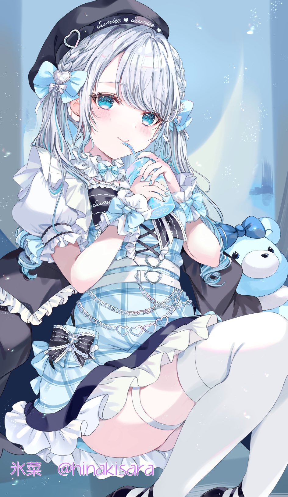 1girl artist_name belt black_footwear black_headwear blue_bow blue_dress blue_eyes blue_hair blue_nails bow braid closed_mouth cup curly_hair dress dress_bow drinking_straw frilled_dress frills hair_bow highres hinakisara holding holding_cup kaga_sumire long_hair looking_at_viewer low_twintails multicolored_hair scrunchie short_sleeves sitting smile solo streaked_hair striped_clothes striped_dress thigh_strap thighhighs twintails twitter_username virtual_youtuber vspo! white_belt white_hair white_thighhighs wrist_scrunchie