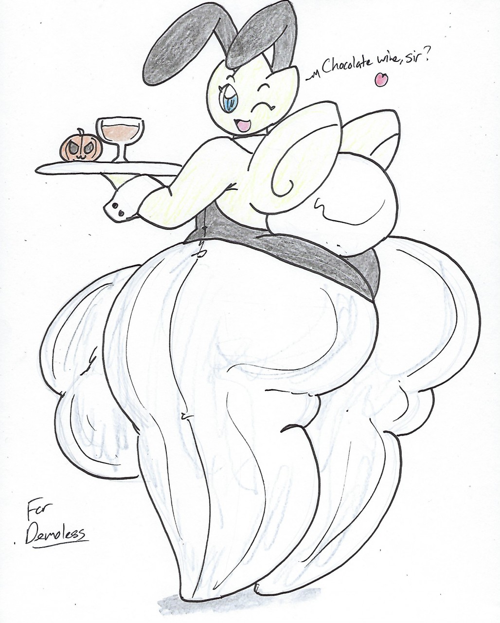 big_bulge big_butt bulge bunny_costume butt chasey_ultra_beast_goodra clothing container costume cup dialogue drinking_glass english_text food fruit generation_2_pokemon glass glass_container glass_cup hi_res huge_bulge huge_butt hyper hyper_bulge hyper_butt male nintendo plant pokemon pokemon_(species) pumpkin simple_background solo text thick_thighs togetic wine_glass wolfespada