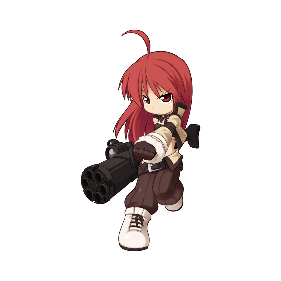 1girl ahoge boots brown_gloves brown_jacket brown_pants chibi closed_mouth crop_top cross-laced_footwear frown full_body fur-trimmed_sleeves fur_trim gatling_gun gloves gun gunslinger_(ragnarok_online) holding holding_gun holding_weapon jacket long_hair looking_at_viewer minigun official_art pants ragnarok_online red_eyes red_hair simple_background solo standing tachi-e transparent_background v-shaped_eyebrows weapon white_footwear yuichirou