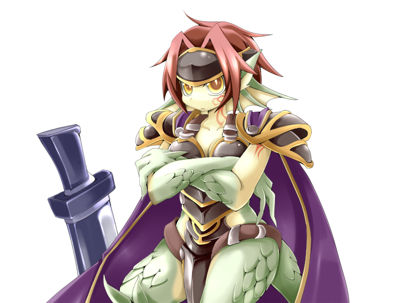 1girl arm_tattoo armor black_armor bmp-to-png_conversion breasts cape cleavage closed_mouth colored_skin cowboy_shot crossed_arms dragon_ears dragon_girl dragon_tail facial_tattoo fins forehead_protector frfr game_cg granberia green_skin hair_intakes head_fins huge_weapon light_frown looking_at_viewer mon-musu_quest! monster_girl multicolored_skin neck_tattoo non-web_source planted planted_sword pointy_ears purple_cape red_hair scales short_hair shoulder_armor simple_background solo sword tail tattoo transparent_background two-handed_sword two-tone_skin weapon wide_hips yellow_eyes yellow_skin