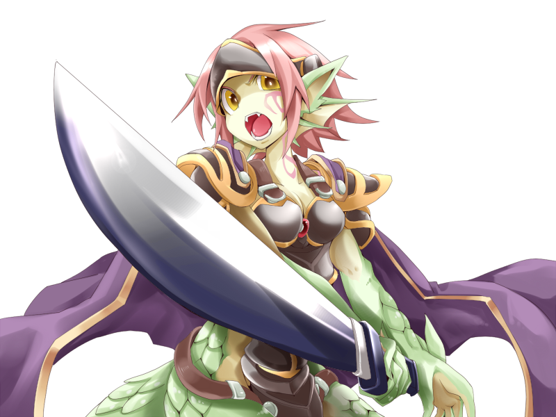 1girl armor black_armor bmp-to-png_conversion breasts cape cleavage colored_skin cowboy_shot dragon_ears dragon_girl dragon_tail facial_tattoo fangs fighting_stance fins floating_cape forehead_protector frfr game_cg granberia green_skin hair_intakes head_fins holding holding_sword holding_weapon looking_at_viewer mon-musu_quest! monster_girl multicolored_skin neck_tattoo non-web_source open_mouth pointy_ears purple_cape red_hair scales short_hair shoulder_armor simple_background solo sword tail tattoo teeth tongue transparent_background two-handed_sword two-tone_skin v-shaped_eyebrows weapon wide_hips yellow_eyes yellow_skin