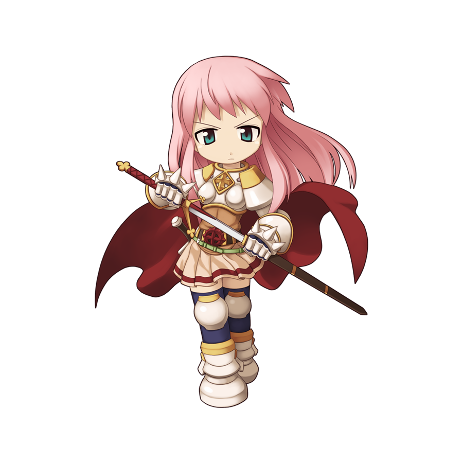 1girl armor belt black_thighhighs boobplate brown_belt cape chibi claymore_(sword) closed_mouth cross cross_of_prontera drawing_sword frown full_body gauntlets green_eyes holding holding_sword holding_weapon long_hair looking_at_viewer lord_knight_(ragnarok_online) miniskirt mole official_art over-kneehighs pauldrons pink_hair pink_skirt ragnarok_online red_cape short_bangs shoulder_armor simple_background skirt solo spiked_gauntlets standing sword tachi-e thighhighs transparent_background v weapon yuichirou