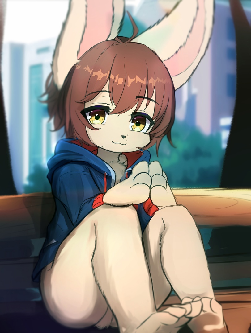 anthro bench brown_hair clothing eyebrows feet fur hair jacket lagomorph leporid lilkon looking_at_viewer male mammal on_bench outside park park_bench rabbit short_hair sitting sitting_on_bench smile solo solo_focus taffy_(zhao0) topwear white_body white_fur yellow_eyes