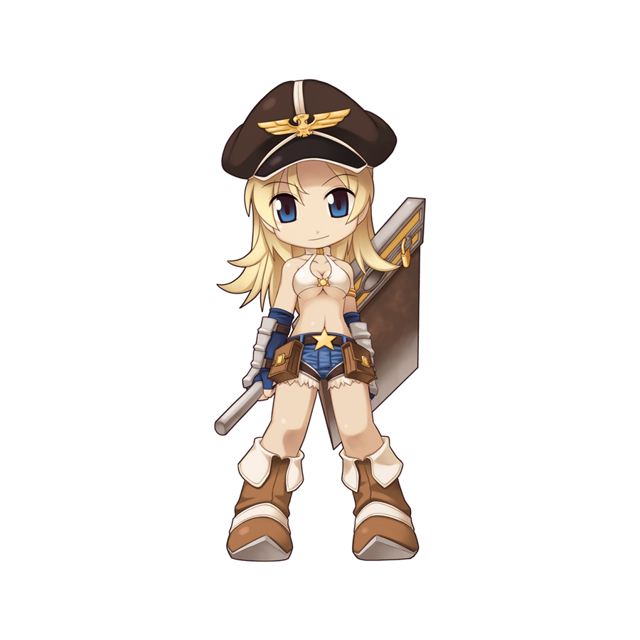 1girl arms_at_sides axe belt belt_buckle bikini bikini_top_only blonde_hair blue_eyes blue_gloves blue_shorts boots breasts brown_belt brown_footwear brown_headwear buckle chibi closed_mouth elbow_gloves fingerless_gloves fold-over_boots full_body fur-trimmed_shorts fur_trim gloves hat holding holding_axe lock looking_at_viewer medium_bangs medium_breasts midriff navel official_art padlock peaked_cap pouch ragnarok_online reverse_grip short_shorts shorts simple_background smile solo standing star_(symbol) swimsuit tachi-e transparent_background underboob vambraces white_bikini whitesmith_(ragnarok_online) yuichirou