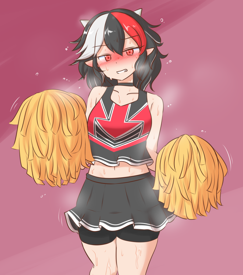 1girl adapted_costume black_choker black_hair black_shorts black_skirt blush cheerleader choker collarbone commentary_request holding holding_pom_poms horns kijin_seija looking_at_viewer mizusoba multicolored_hair pointy_ears pom_pom_(cheerleading) red_eyes red_hair short_hair shorts skirt solo streaked_hair sweat touhou white_hair