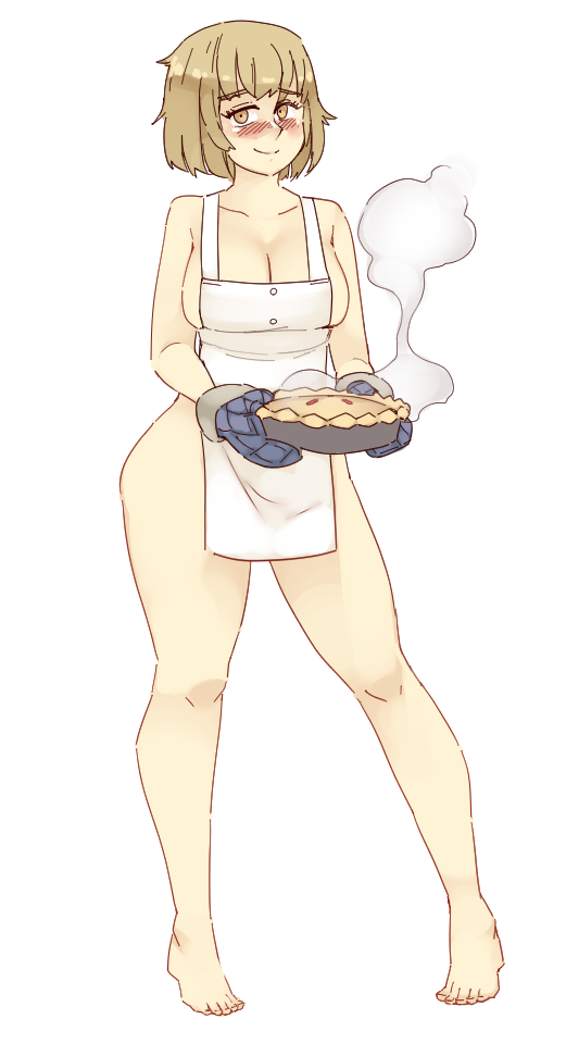 1girl apron blush breasts cleavage closed_mouth dungeon_meshi falin_thorden falin_thorden_(tallman) food full_body holding holding_clothes holding_footwear looking_at_viewer naked_apron oven_mitts pie rtil short_hair simple_background smile solo white_apron white_background