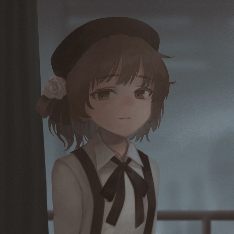 1girl beret black_headwear black_ribbon brown_eyes brown_hair closed_mouth collared_shirt commentary_request cropped curtains expressionless flower hat hat_flower hat_ribbon hatoba_tsugu looking_at_viewer mootie neck_ribbon railing ribbon rose shirt short_hair single_hair_ring solo suspenders tsugu_(vtuber) upper_body virtual_youtuber white_flower white_rose white_shirt window