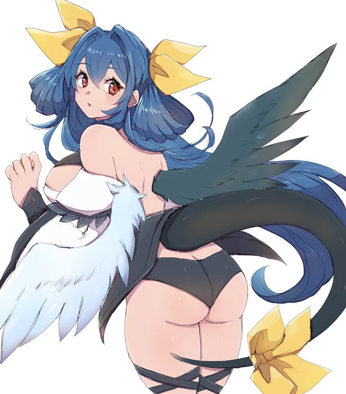 1girl angel_wings ass asymmetrical_wings bare_shoulders black_panties blue_hair blush bow breasts chemaru_(a8l) detached_sleeves dizzy_(guilty_gear) feathered_wings green_wings guilty_gear guilty_gear_xrd hair_ribbon hair_rings large_breasts long_hair monster_girl panties red_eyes ribbon tail tail_bow tail_ornament tail_ribbon underwear white_sleeves white_wings wide_sleeves wings yellow_ribbon