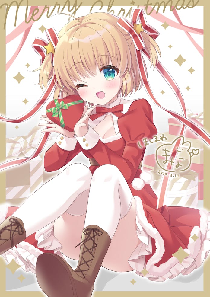 blonde_hair blue_eyes blush bow box brown_hair gift hair_ornament hair_ribbon heart-shaped_box hoshimame_mana kamikita_komari little_busters! little_busters!_school_uniform merry_christmas open_mouth red_bow ribbon santa_costume school_uniform short_hair skirt smile twintails