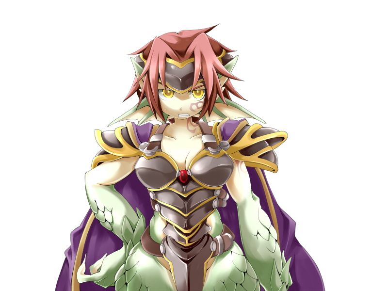 1girl arm_tattoo armor black_armor bmp-to-png_conversion breasts cape cleavage clenched_teeth colored_skin cowboy_shot dragon_ears dragon_girl facial_tattoo fins forehead_protector frfr frown game_cg granberia green_skin hair_intakes half-closed_eyes hand_on_own_hip head_fins looking_at_viewer mon-musu_quest! monster_girl multicolored_skin neck_tattoo non-web_source pointy_ears purple_cape red_hair scales short_hair shoulder_armor simple_background solo tattoo teeth transparent_background two-tone_skin v-shaped_eyebrows wide_hips yellow_eyes yellow_skin