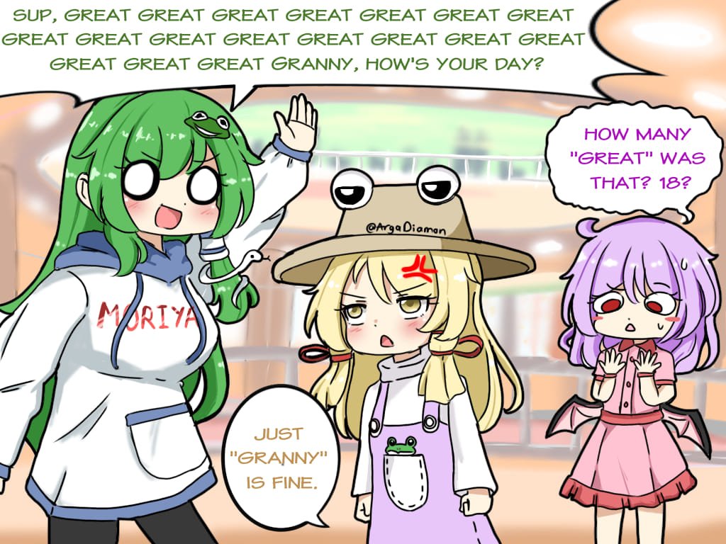 3girls :d alternate_costume bat_wings blonde_hair blurry blurry_background brown_headwear clothes_writing commentary contemporary diamon_arga drawstring english_commentary english_text frog_hair_ornament green_hair hair_ornament indoors kochiya_sanae long_hair medium_hair moriya_suwako multiple_girls o_o open_mouth pink_skirt purple_hair red_eyes remilia_scarlet sidelocks skirt smile snake_hair_ornament speech_bubble sweat touhou twitter_username wings