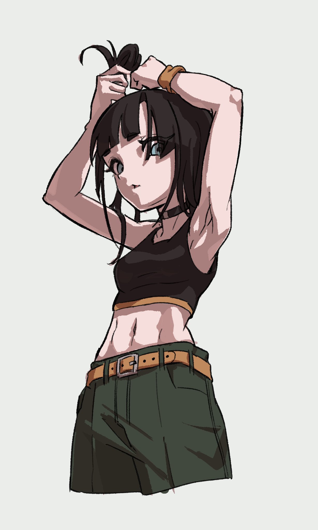 1girl armpits arms_up bare_shoulders belt black_hair black_tank_top blue_eyes breasts choker crop_top cropped_legs from_below from_side gaako_illust green_pants highres looking_at_viewer midriff original pants parted_lips short_hair sideways_glance simple_background sleeveless solo tank_top toned tying_hair white_background wristband