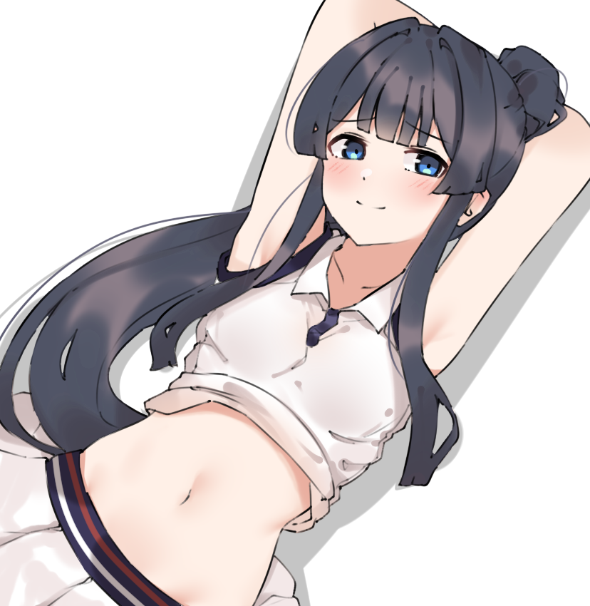 1girl aa211108 armpits arms_behind_head arms_up black_hair blue_eyes blunt_bangs blunt_ends blush breasts closed_mouth clothes_lift collarbone dot_nose dutch_angle idolmaster idolmaster_million_live! idolmaster_million_live!_theater_days light_smile long_hair looking_at_viewer lying midriff mogami_shizuka navel on_back shadow shirt shirt_lift shy side_ponytail sidelocks simple_background skirt sleeveless small_breasts solo upper_body very_long_hair white_background white_shirt white_skirt