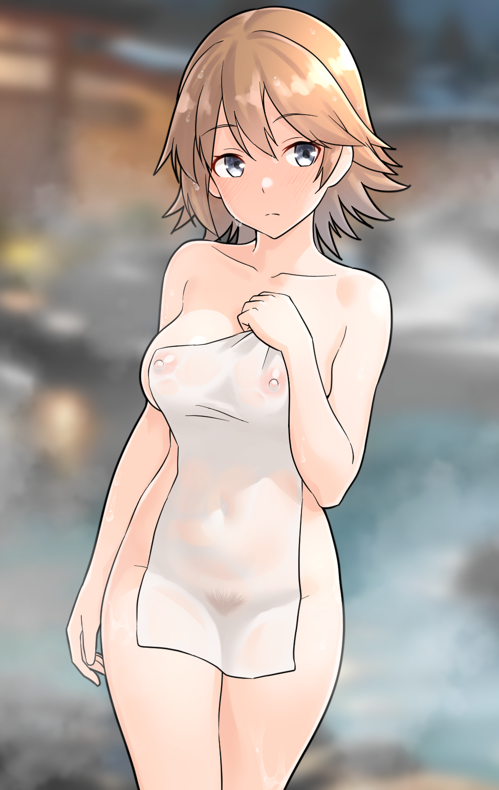 1girl blurry blurry_background breasts brown_hair collarbone covered_navel covered_nipples covering_privates female_pubic_hair flipped_hair furaggu_(frag_0416) grey_hair hiei_(kancolle) highres kantai_collection large_breasts naked_towel nude_cover onsen pubic_hair see-through short_hair solo standing towel white_towel