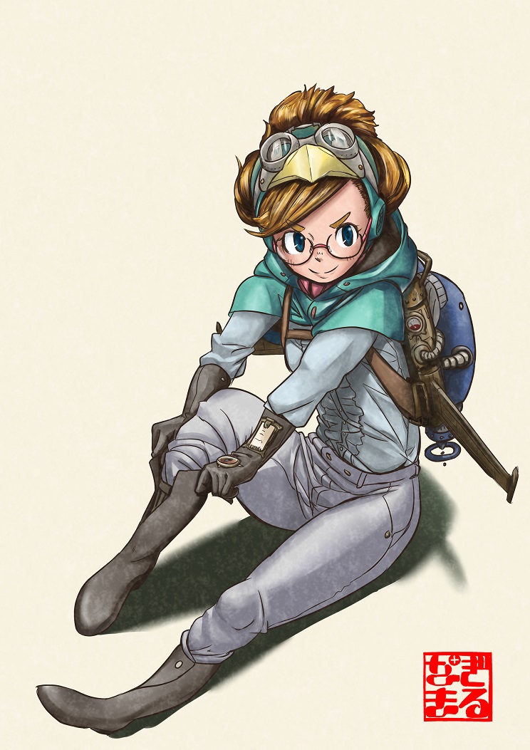 1girl artist_logo backpack bag bird_mask blonde_hair blue_eyes boots capelet copyright_request glasses gloves goggles goggles_on_head green_capelet grey_footwear grey_gloves grey_pants grey_shirt harukaze_cool looking_at_viewer mask pants round_eyewear shirt simple_background sitting solo