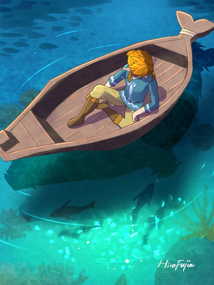 1boy blonde_hair blue_shirt boat boots brown_footwear brown_pants fish from_above hirofujie link looking_down male_focus pants pointy_ears shirt sidelocks signature sitting solo the_legend_of_zelda the_legend_of_zelda:_breath_of_the_wild the_legend_of_zelda:_the_wind_waker water watercraft