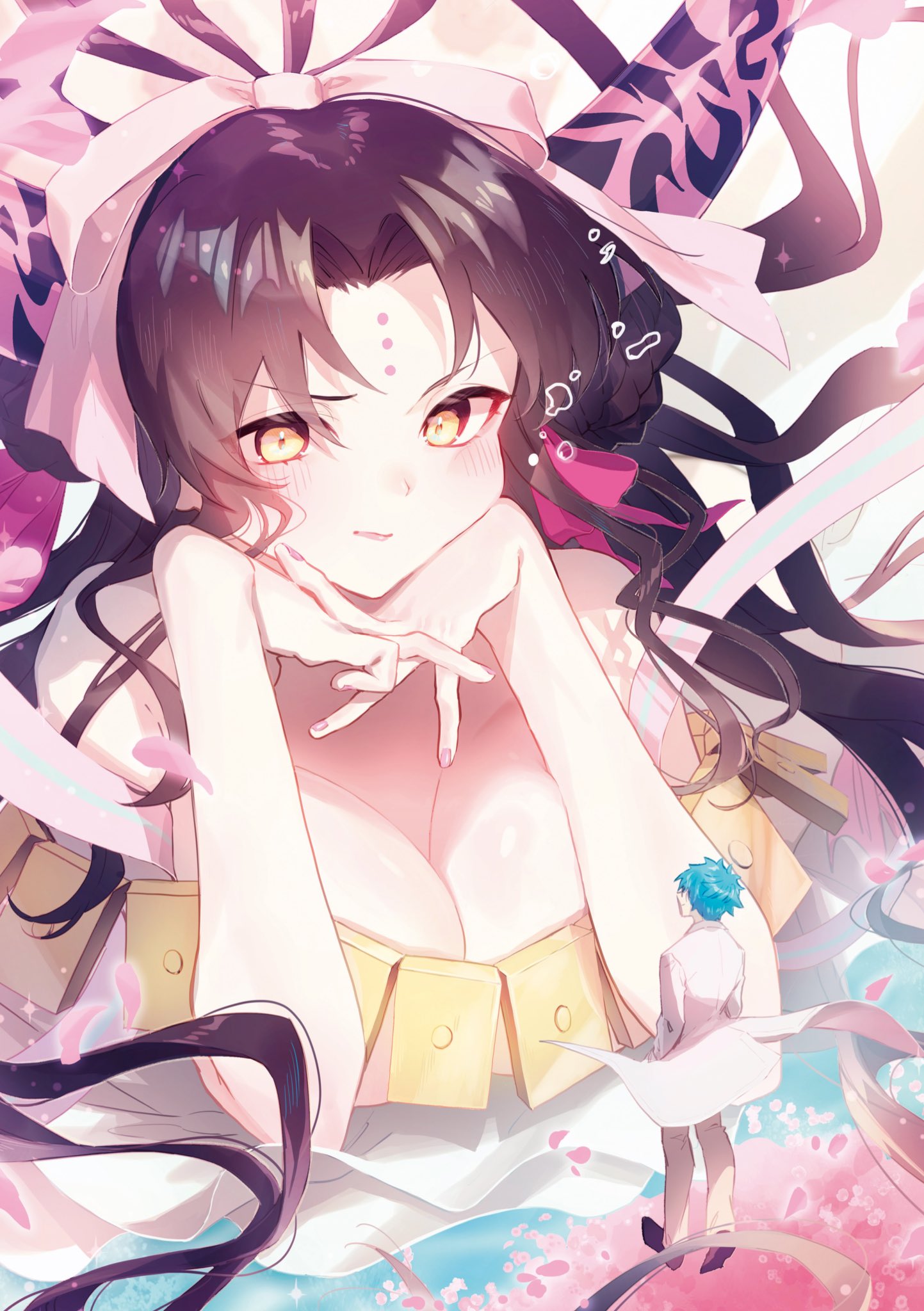 1boy 1girl air_bubble black_footwear black_hair black_horns blue_hair blush breasts bubble cleavage closed_mouth coat facing_another facing_up falling_petals fate/grand_order fate_(series) fingernails forehead_tattoo gold_necklace hair_ribbon hair_rings hands_in_pockets hans_christian_andersen_(adult)_(fate) hans_christian_andersen_(fate) head_on_hand head_rest highres horns huge_breasts interlocked_fingers jewelry long_hair long_sleeves looking_at_another looking_down multicolored_horns nail_polish necklace pants petals pink_horns pink_nails pink_ribbon ribbon sessyoin_kiara sessyoin_kiara_(swimsuit_mooncancer) sessyoin_kiara_(swimsuit_mooncancer)_(third_ascension) short_hair smile tsuyukusa_(eeta7273) two-tone_horns white_coat white_pants yellow_eyes