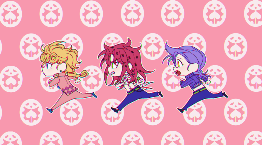 3boys beatmania_iidx blonde_hair braid braided_ponytail bug commentary_request cropped_sweater diavolo earrings fishnet_top fishnets giorno_giovanna green_eyes jewelry jojo_no_kimyou_na_bouken ladybug long_hair male_focus multiple_boys orange_eyes parody patterned_background pink_hair purple_hair purple_sweater running sempon_(doppio_note) single_braid smooooch spotted_hair stud_earrings sweater turtleneck turtleneck_sweater vento_aureo vinegar_doppio wristband