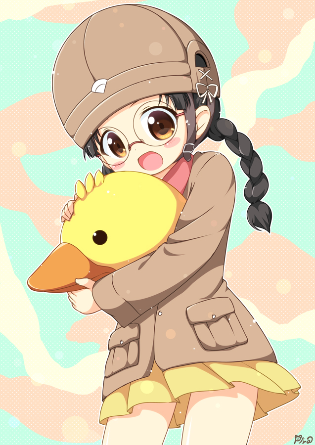 artist_name bird black_hair blush_stickers braid brown_background brown_hat brown_jacket camouflage_background chi-hatan_military_uniform cowboy_shot duck fukuda_haru girls_und_panzer glasses green_background holding holding_toy jacket long_hair long_sleeves looking_at_viewer low_twin_braids open_mouth orange_eyes outline pila-pela pleated_skirt pocket rubber_duck signature skirt standing toy twin_braids white_outline yellow_skirt