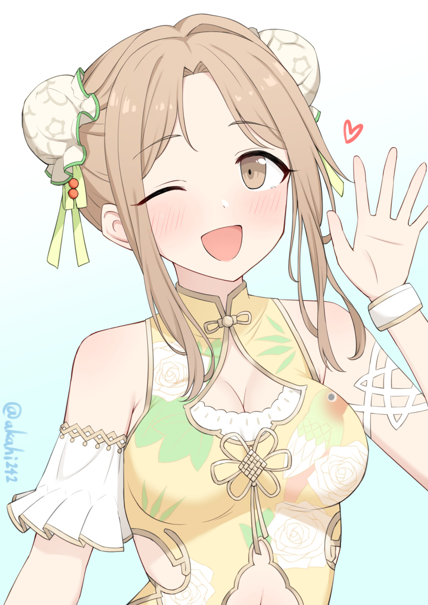 1girl ;d akahi242 bare_shoulders blush brown_eyes brown_hair china_dress chinese_clothes cleavage_cutout clothing_cutout commentary double_bun dress hair_bun hair_intakes heart highres ichikawa_hinana idolmaster idolmaster_shiny_colors one_eye_closed parted_bangs simple_background sleeveless sleeveless_dress smile solo twitter_username white_background