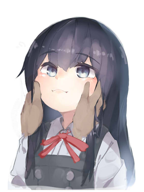 1girl :i apupuru asashio_(kancolle) asashio_kai_ni_(kancolle) black_hair blue_eyes blush closed_mouth collared_shirt cropped_torso disembodied_limb dress hair_between_eyes hands_on_own_cheeks hands_on_own_face kantai_collection long_hair neck_ribbon pinafore_dress red_ribbon ribbon shirt simple_background sleeveless sleeveless_dress solo_focus upper_body white_background white_shirt