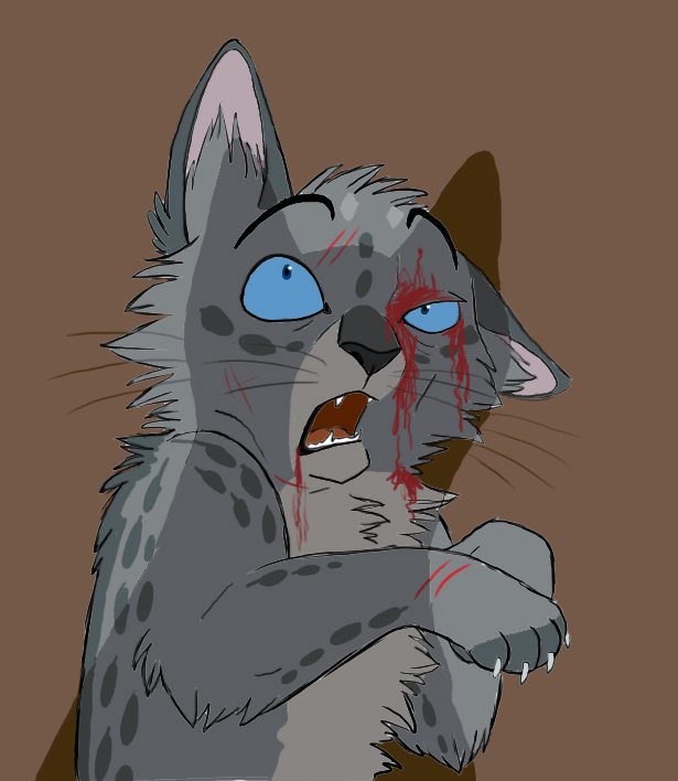 2010 ambiguous_gender ashfur_(warriors) blood blood_from_mouth blood_in_mouth blue_eyes bodily_fluids brown_background claws death digital_drawing_(artwork) digital_media_(artwork) domestic_cat duo eyebrows felid feline felis feral flat_colors fur graystripe64 grey_body grey_fur hollyleaf_(warriors) looking_up male_(lore) mammal markings open_mouth paws quadruped shadow simple_background spots spotted_body spotted_fur violence warriors_(book_series)