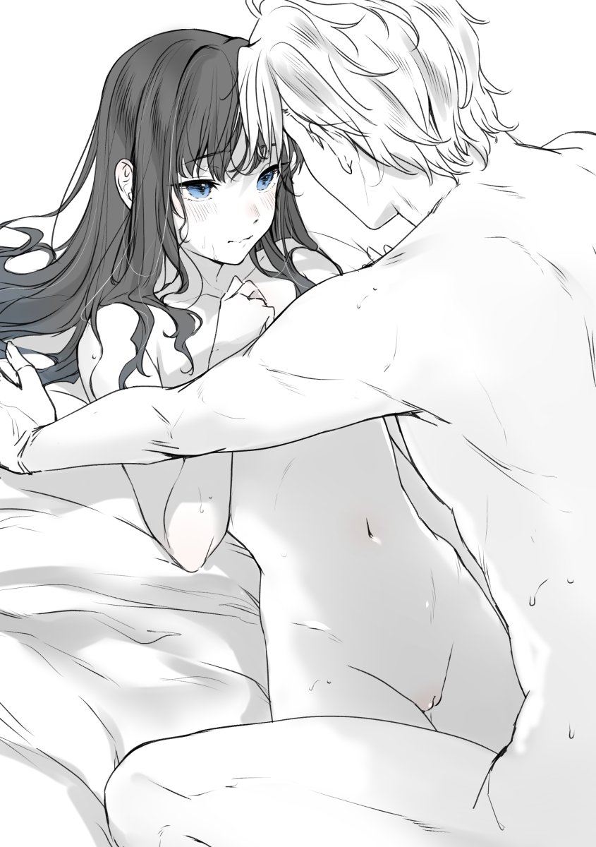 1boy 1girl blue_eyes blush breasts carrot_(robosquat) completely_nude couple eye_contact hetero highres long_hair looking_at_another lying monochrome navel nipples nude on_back original pussy small_breasts spot_color sweat