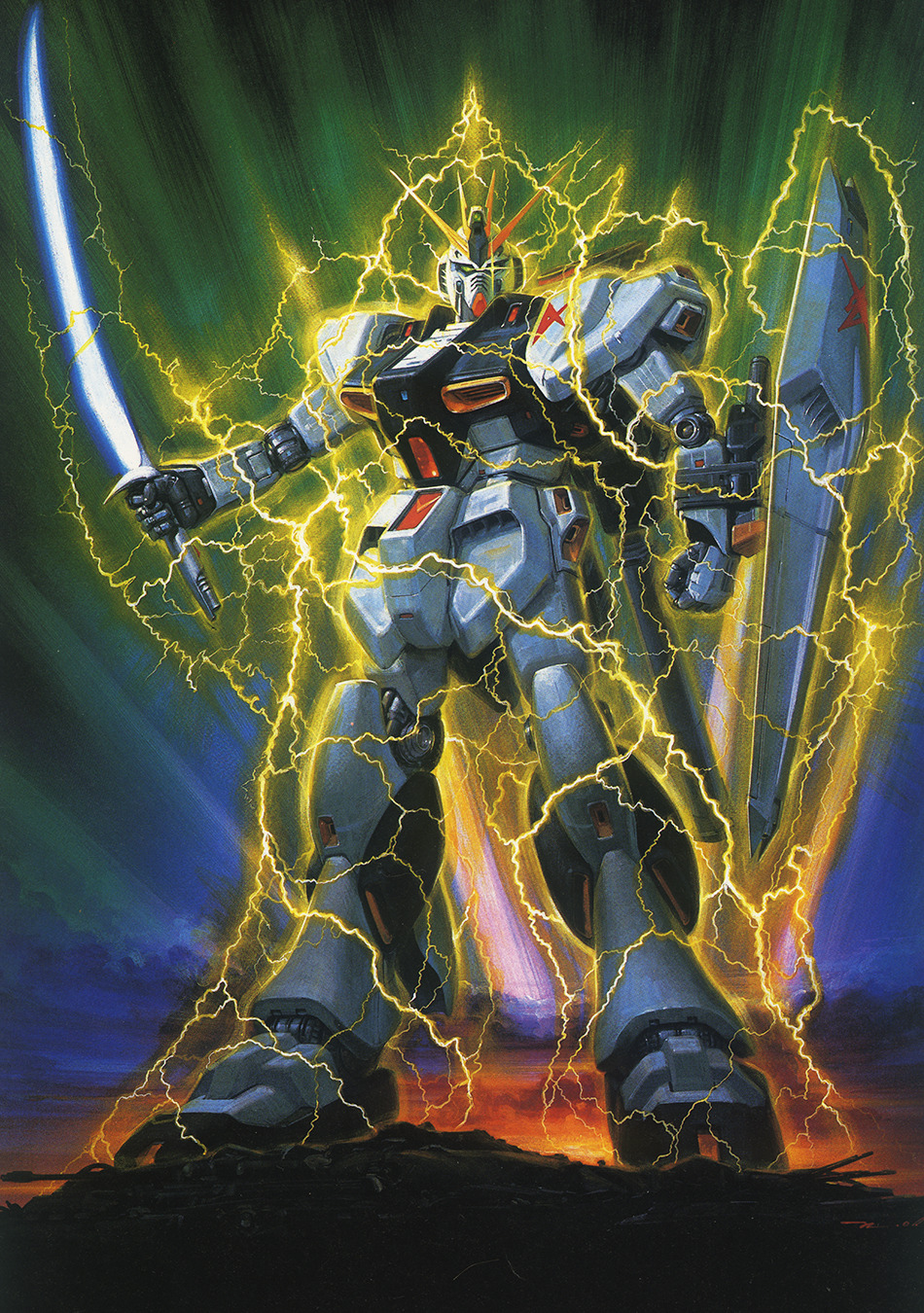 1980s_(style) artist_request battle beam_saber char's_counterattack electricity energy gundam highres looking_at_viewer machinery mecha mecha_focus mobile_suit no_humans nu_gundam official_art painting_(medium) production_art promotional_art redesign retro_artstyle robot scan science_fiction shield traditional_media v-fin weapon